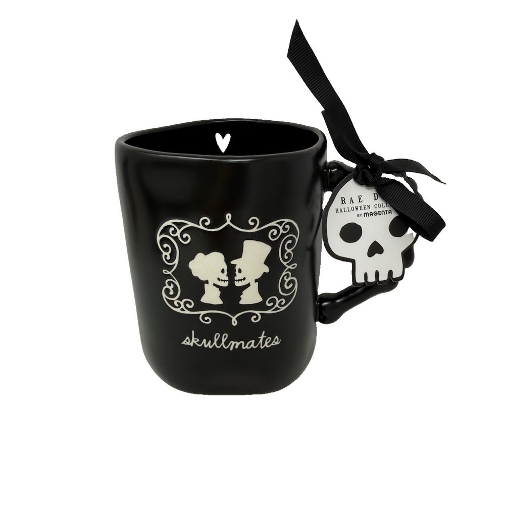 Rae Dunn Matte Black Mug Halloween Bone Detail On Handle  SKULLMATES NWT